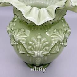 XL Stunning SOFT GREEN CASED GLASS CENTERPIECE VASE Victorian-Style Ruffled MINT