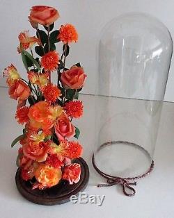 XL Vintage Victorian Style Hand Blown Glass Dome Display Art silk Flowers 18.9